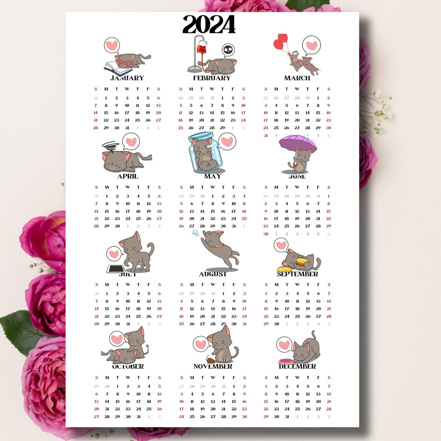 Cute cat illustrated 2024 calendar on beige background with pink peonies.