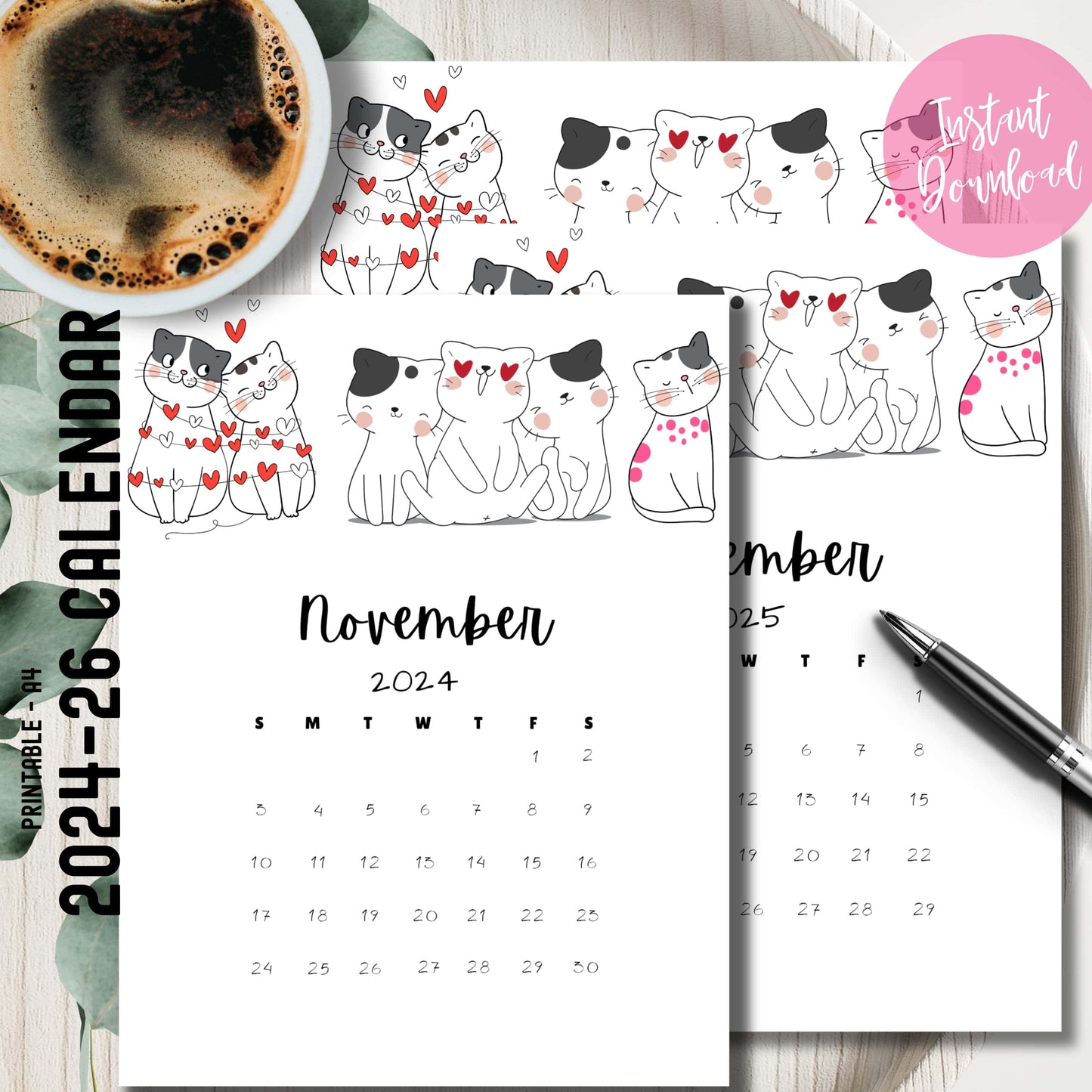 November 2024 printable calendar with cute cat couples and coffee cup styling. Features black and white illustrated cats with red hearts, pink polka dot details, and minimalist date layout. Instant digital download format.