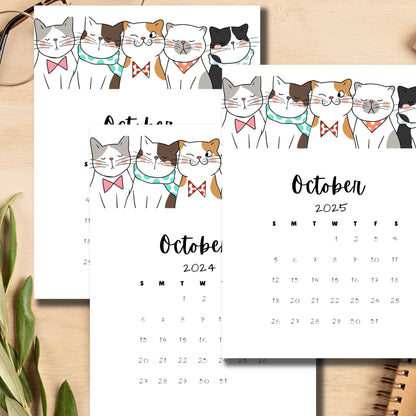 Desktop scene with October 2024 and 2025 monthly calendars featuring playful cat illustrations, displayed with glasses and plant, emphasizing the A4 size and vertical layout for easy use.