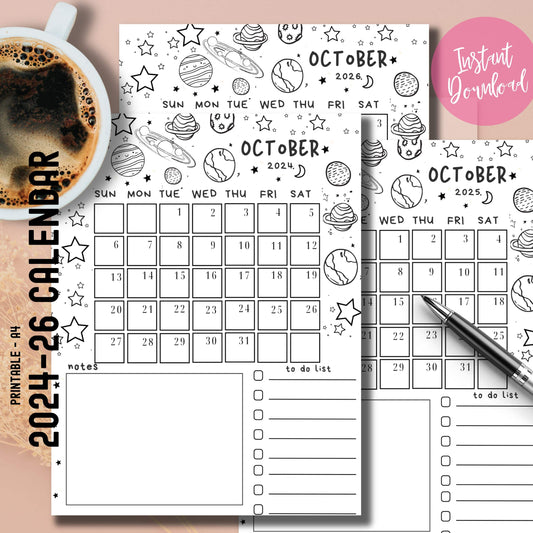 Set of printable October 2024-2026 calendars with black and white space doodles, shown with coffee cup and pen, highlighting the free PDF download and instant accessibility for school planning.