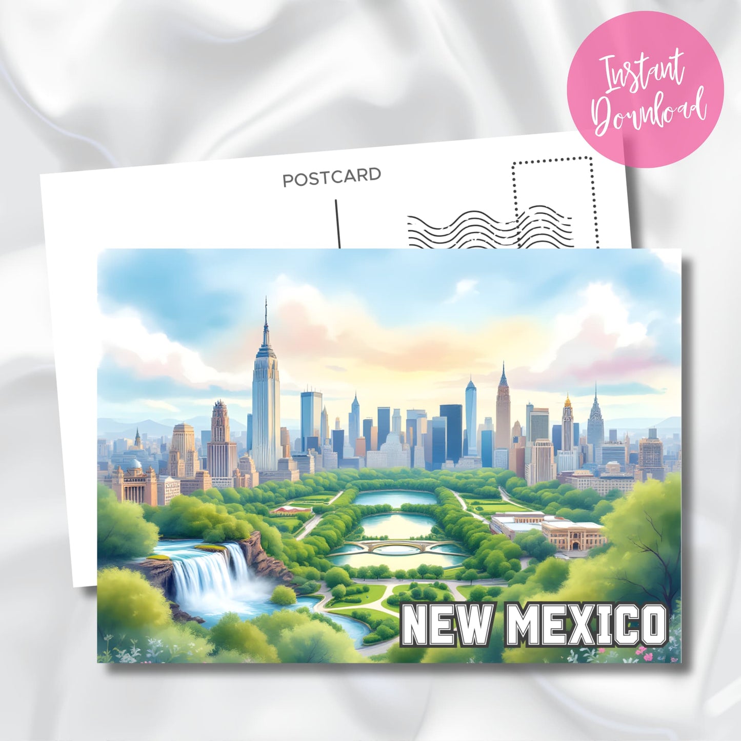 Instant download postcard featuring fantasy-style New Mexico skyline and Central Park landscape