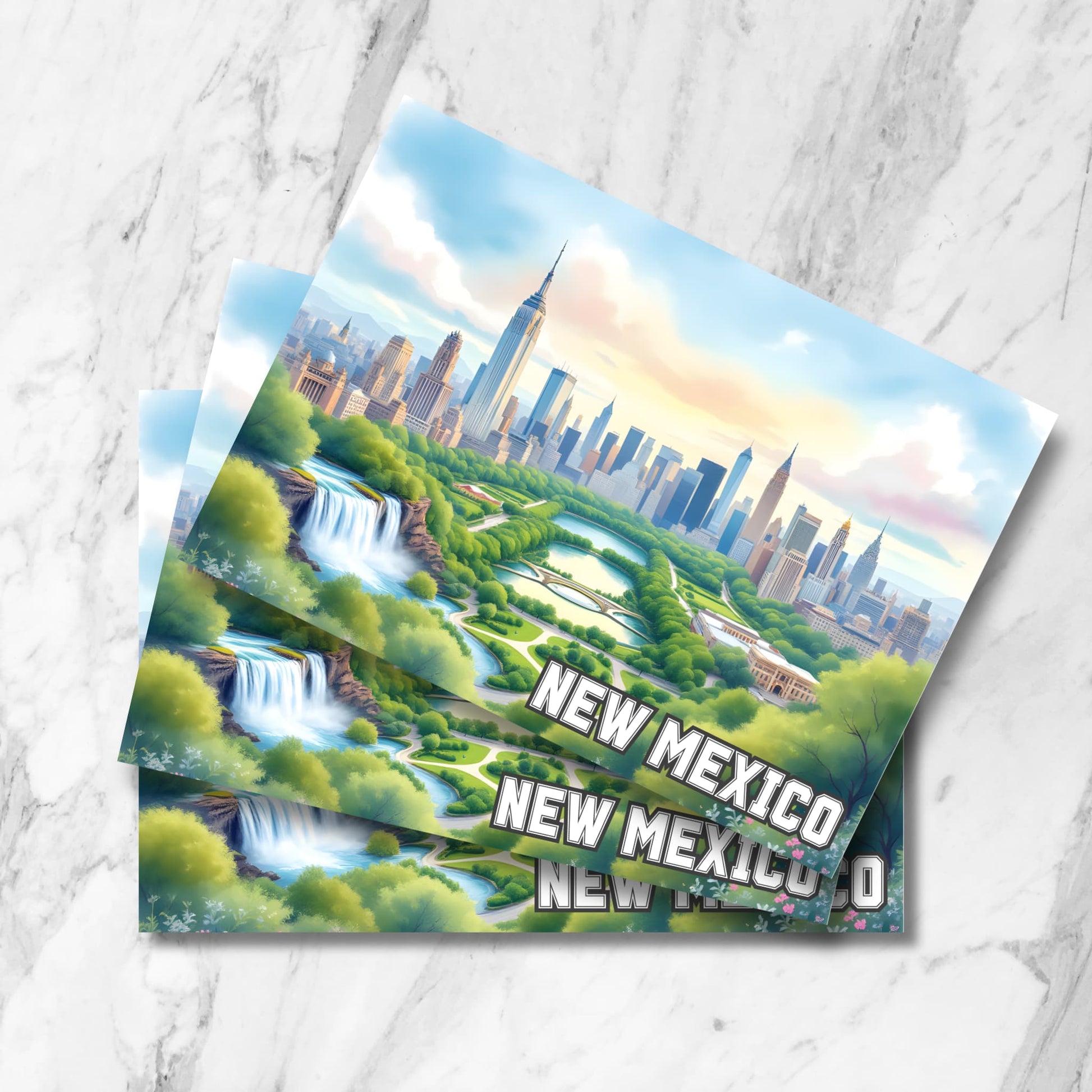 Whimsical Central Park scene with waterfalls, lush greenery, and New Mexico skyline at sunrise.