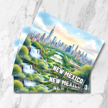 Whimsical Central Park scene with waterfalls, lush greenery, and New Mexico skyline at sunrise.
