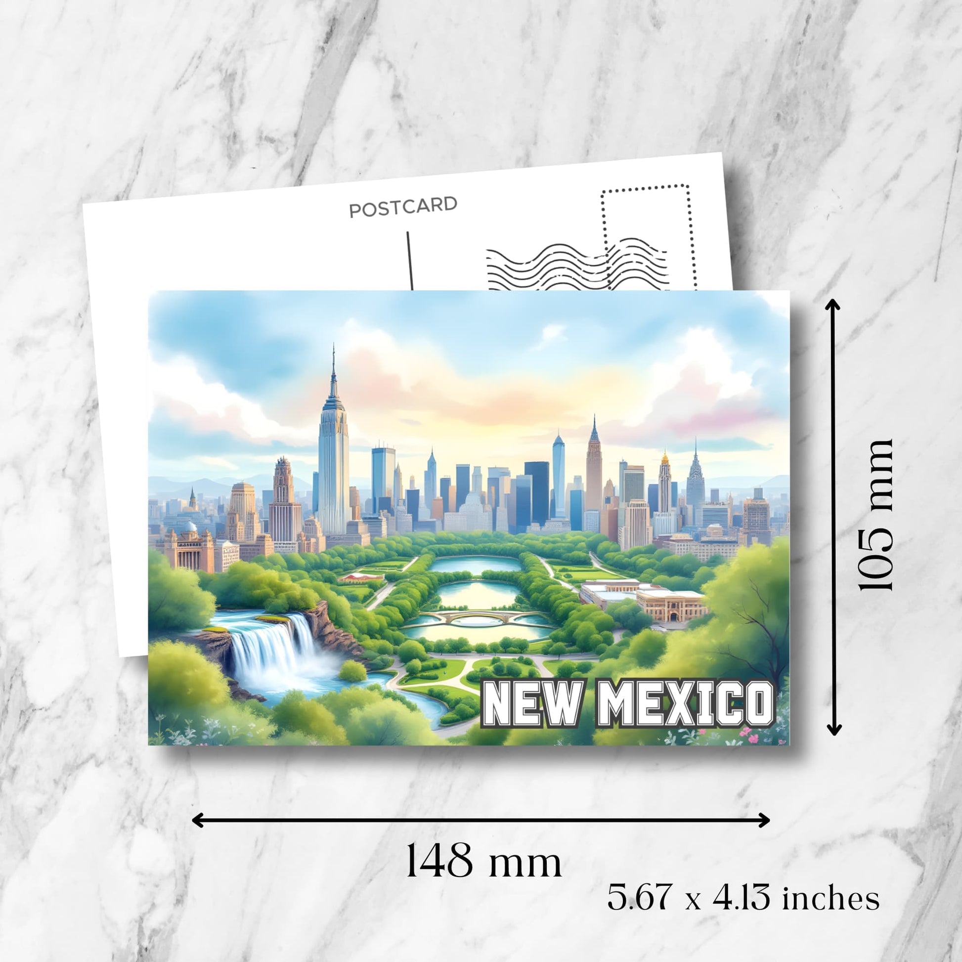 Fantasy postcard artwork of New Mexico city skyline and Central Park with waterfall, shown with dimensions.