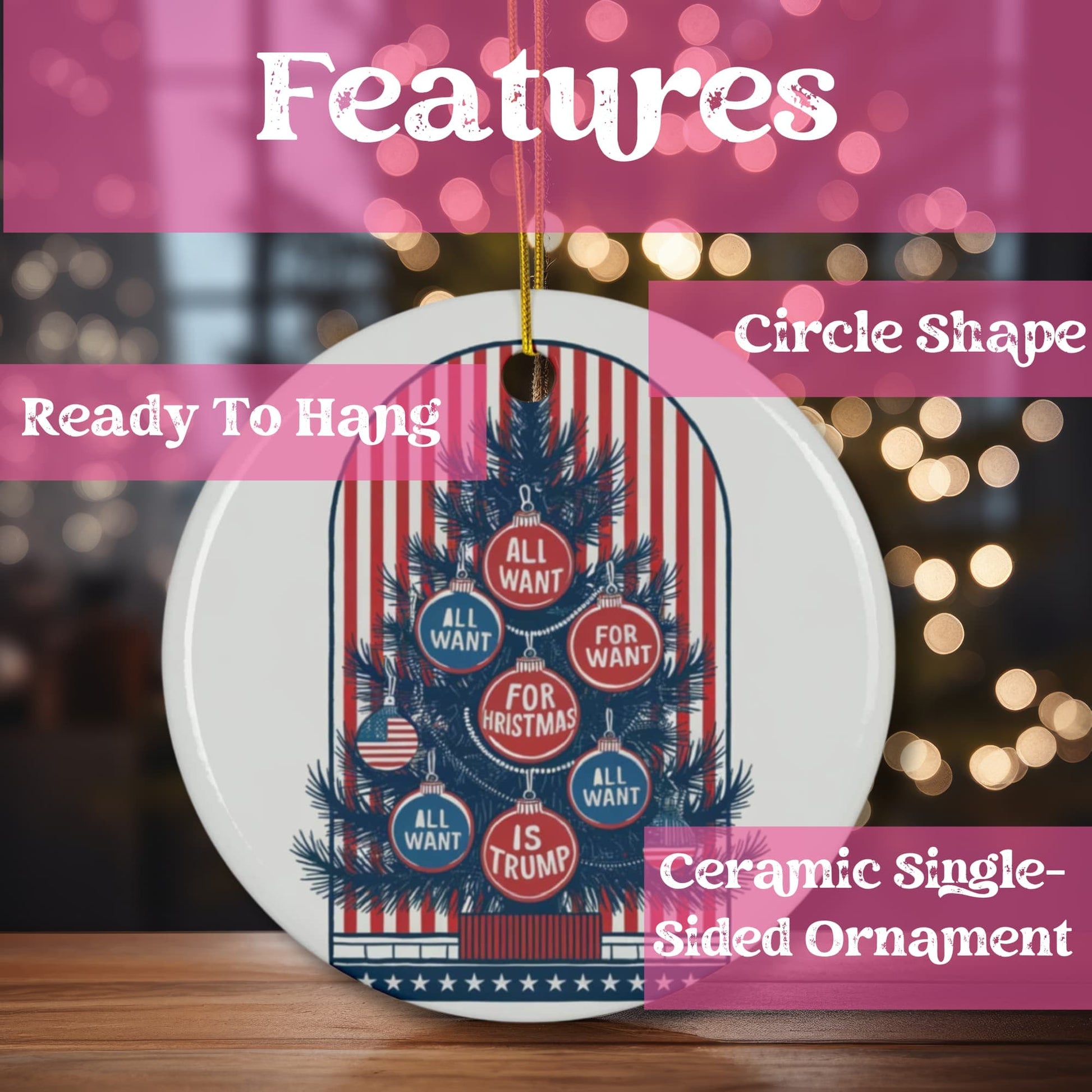 Product features showcase highlighting circle shape, ready-to-hang design, and single-sided ceramic construction. Decorative tree design with red white and blue theme against bokeh lights.