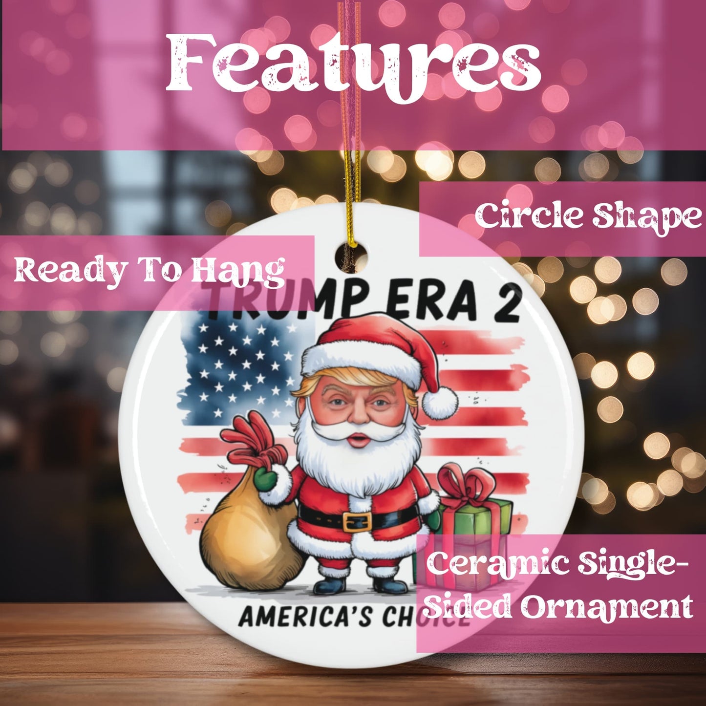 Product features showcase highlighting circle shape, ready-to-hang design, and single-sided ceramic construction. Ornament displayed with bokeh light background and feature callouts.