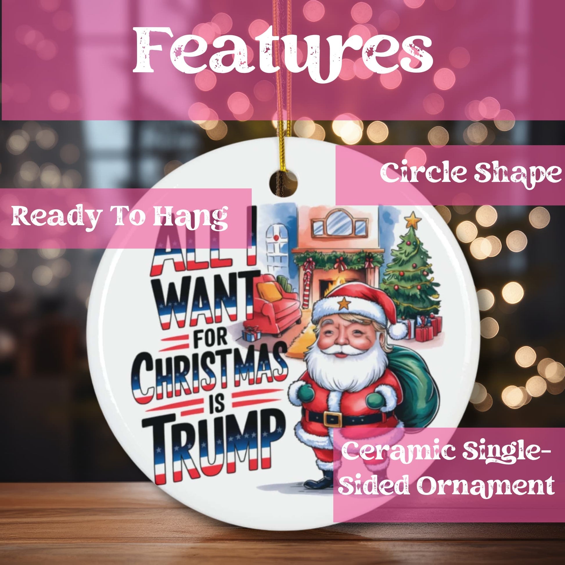 Product features showcase highlighting circle shape, ready-to-hang design, and single-sided ceramic construction. Festive artwork with red and blue text design against bokeh light effect.