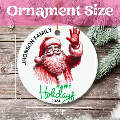 Size reference showing 29-inch diameter measurement of circular Santa ceramic ornament with evergreen branch backdrop.