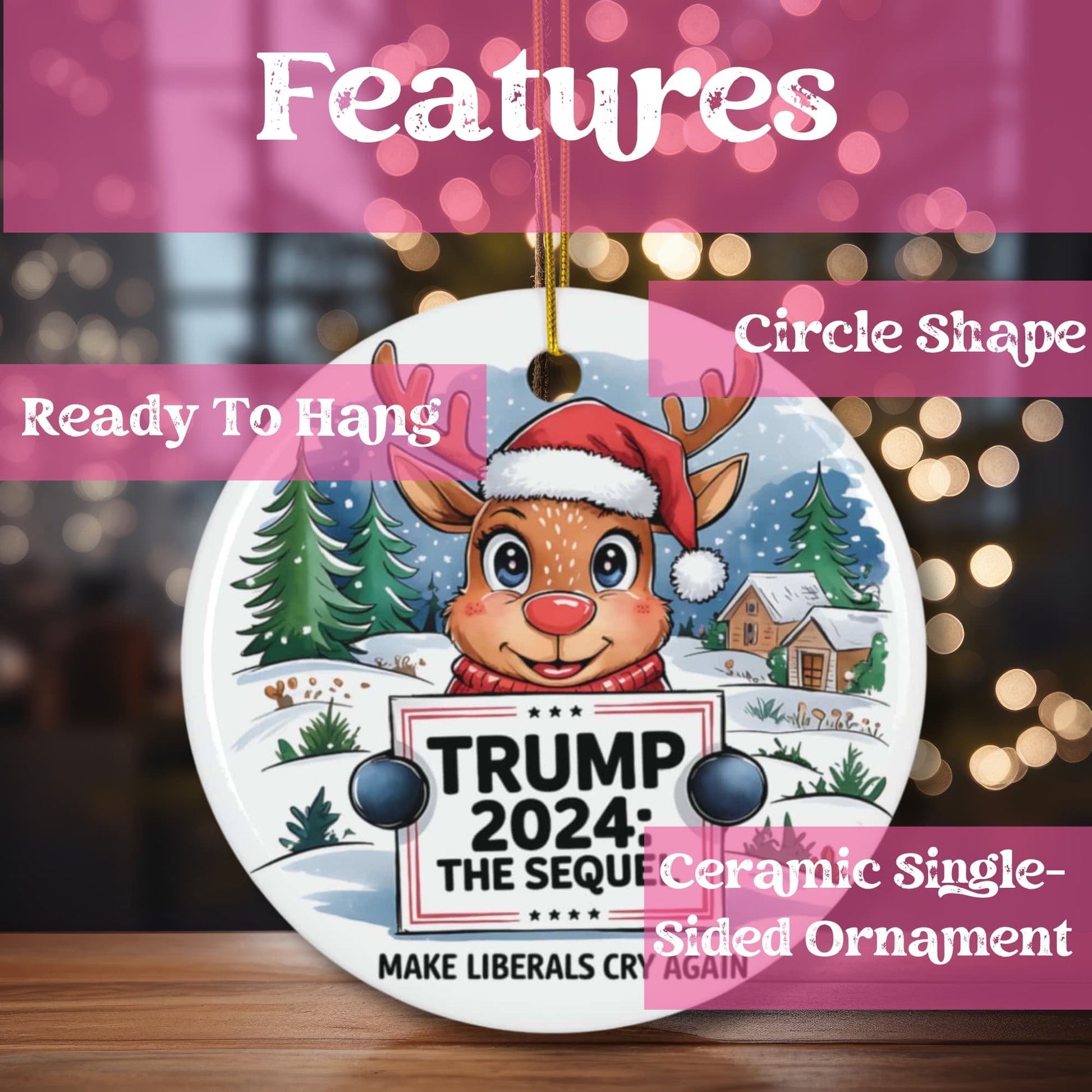 Product features showcase highlighting circle shape, ready-to-hang design, and single-sided ceramic construction. Decorative winter scene with reindeer character against bokeh light background.