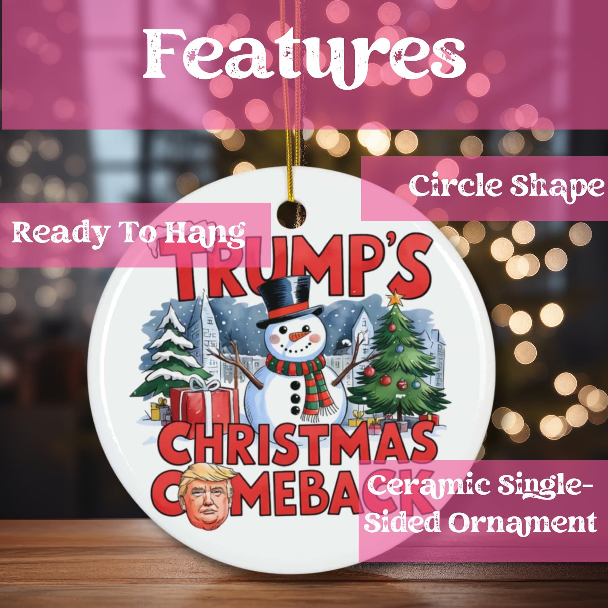 Product features showcase highlighting circle shape, ready-to-hang design, and single-sided ceramic construction. Winter themed artwork with red text against festive bokeh lighting.