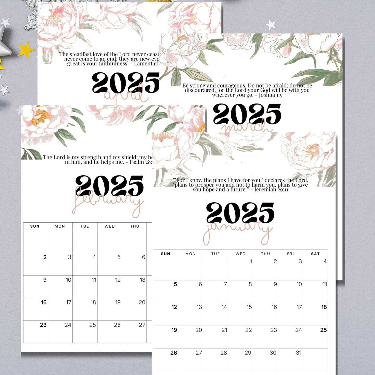 Spring months of 2025 Bible verse calendar showing January through April, featuring scriptures from Jeremiah, Joshua, and Lamentations, with delicate floral designs on silver background