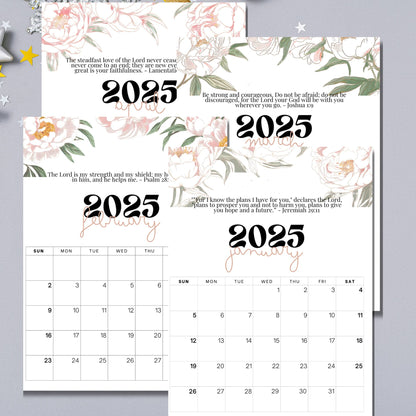 Spring months of 2025 Bible verse calendar showing January through April, featuring scriptures from Jeremiah, Joshua, and Lamentations, with delicate floral designs on silver background