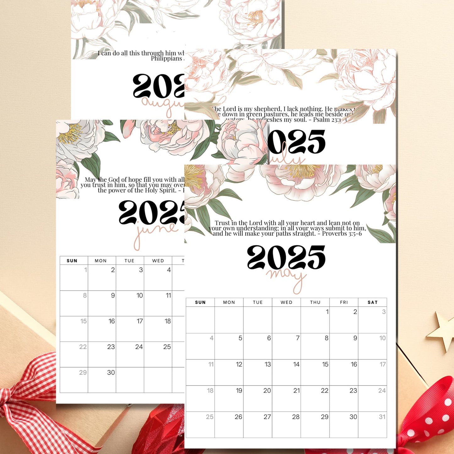 Summer months of 2025 calendar displaying May through August with Bible verses from Psalms and Philippians, decorated with watercolor peonies and spiritual quotes, shown with seasonal ribbon accent