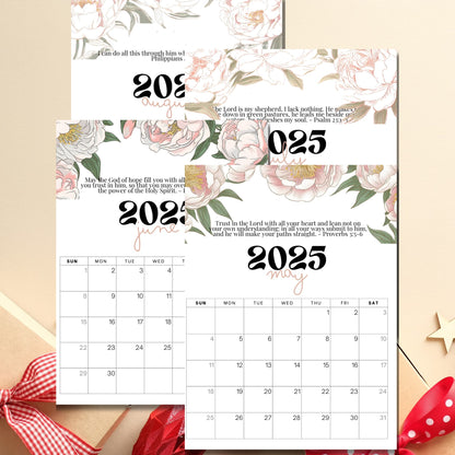 Summer months of 2025 calendar displaying May through August with Bible verses from Psalms and Philippians, decorated with watercolor peonies and spiritual quotes, shown with seasonal ribbon accent