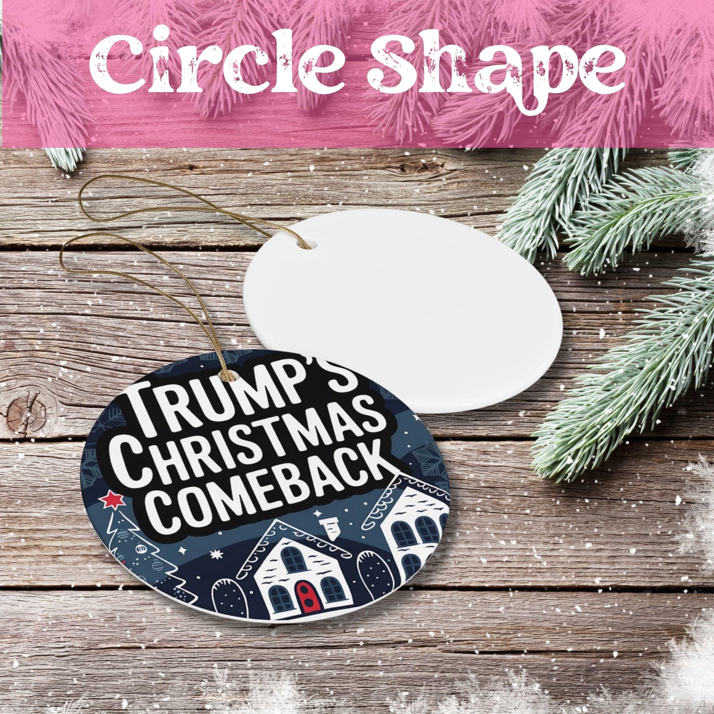 Circle shaped ceramic ornament featuring festive winter night scene with white houses and decorated tree. Navy blue background with white typography on rustic wooden surface.