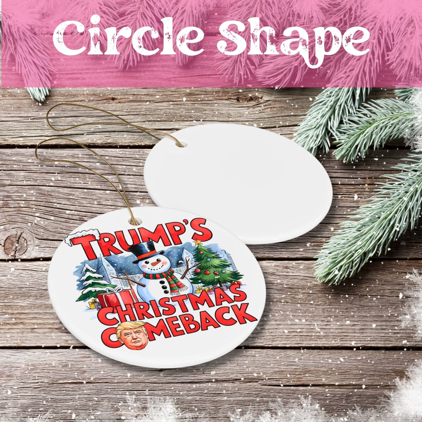 Circle shaped ceramic ornament featuring winter scene with cheerful snowman wearing top hat and scarf. White porcelain finish with decorated Christmas tree and snowy village background on rustic wooden surface.