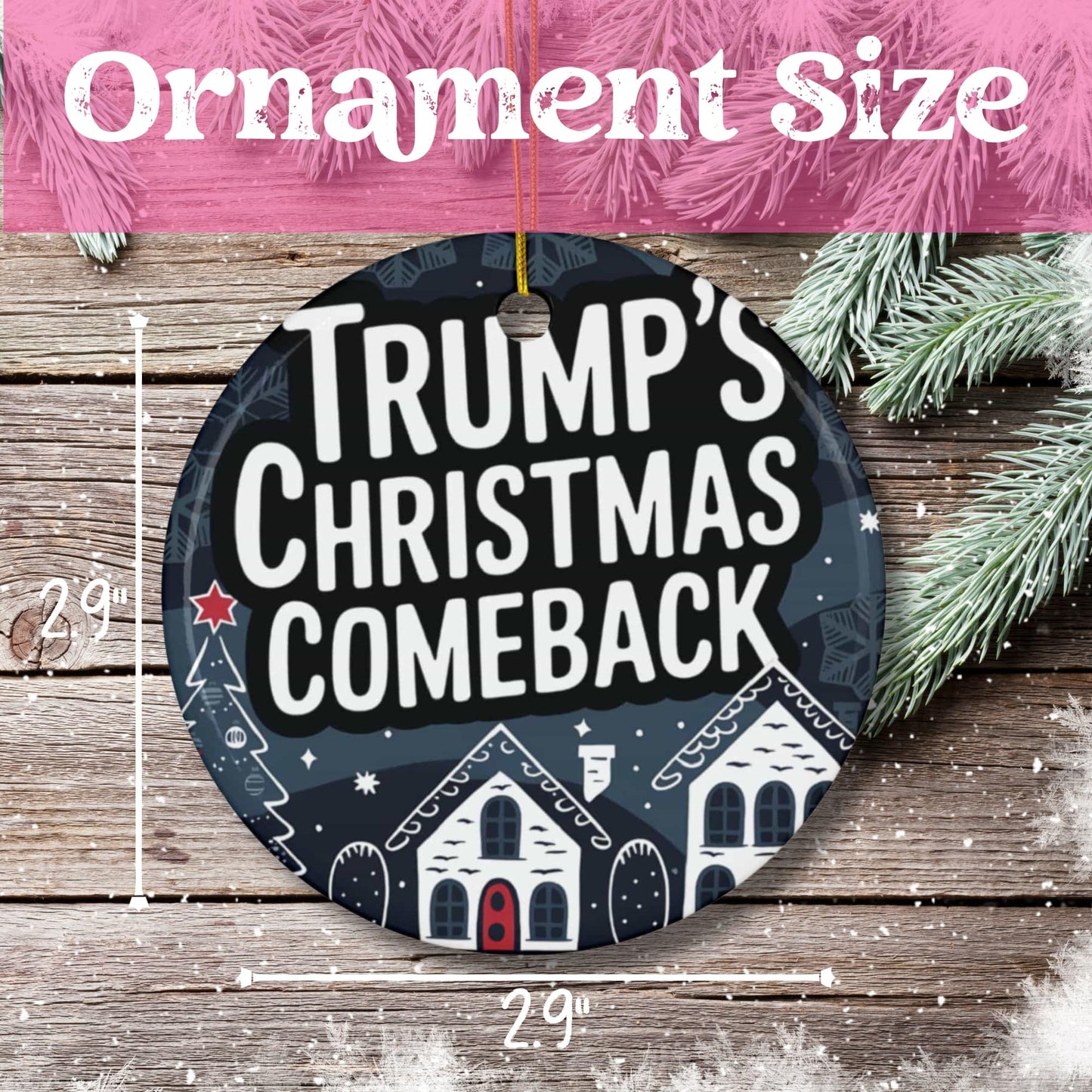 Product measurement showing 2.9-inch diameter ceramic ornament. Features winter village illustration with red door details and decorative holiday typography on navy background.