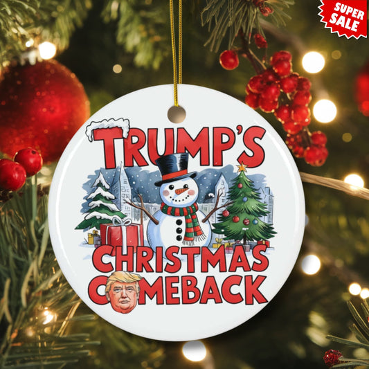 Holiday scene showing ceramic ornament on Christmas tree with warm lighting and red berry decorations. Features winter snowman design and super sale badge in corner.