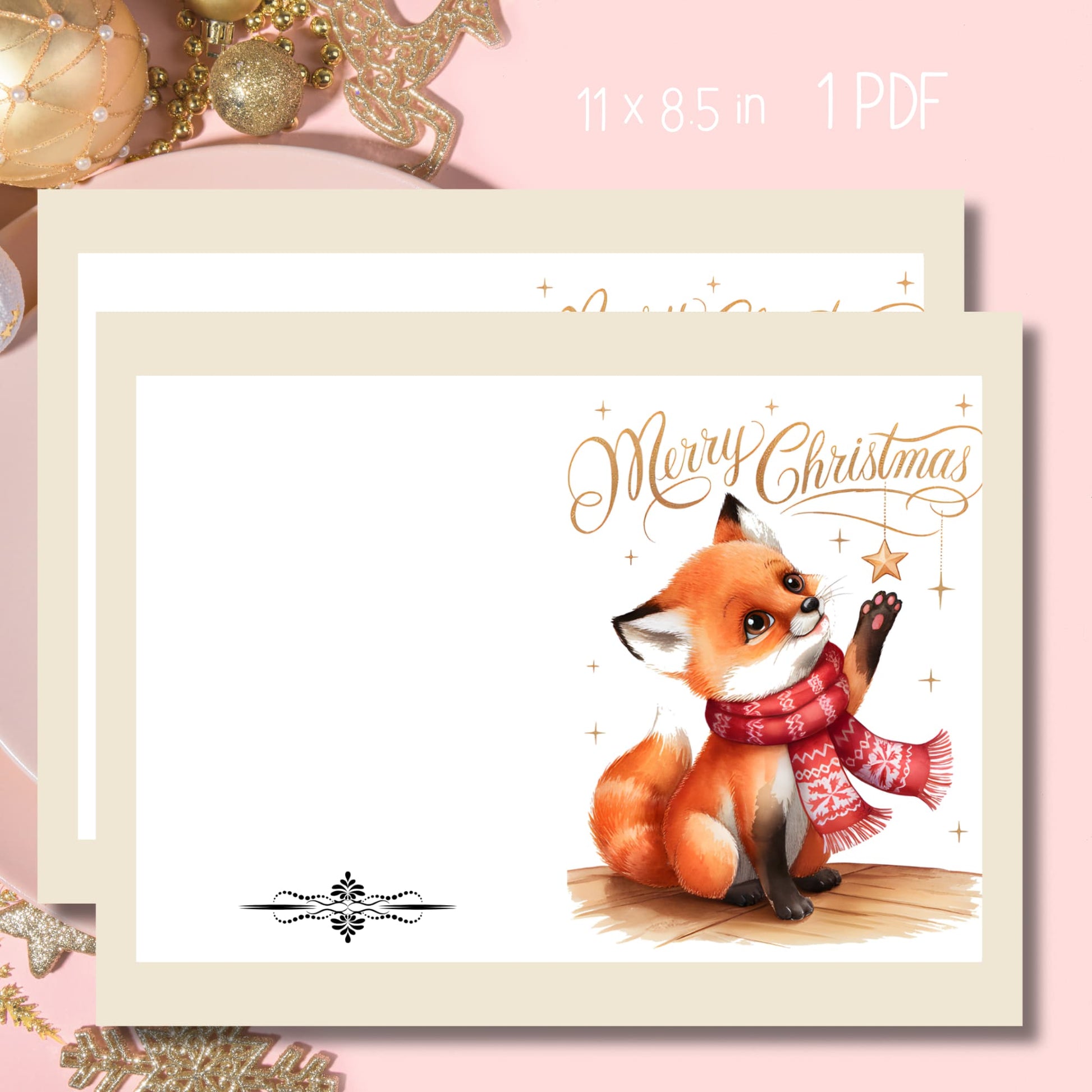 Free printable Christmas card with watercolor baby fox wearing red Nordic scarf reaching for gold star, elegant gold calligraphy 'Merry Christmas', shown on cream paper with gold ornaments