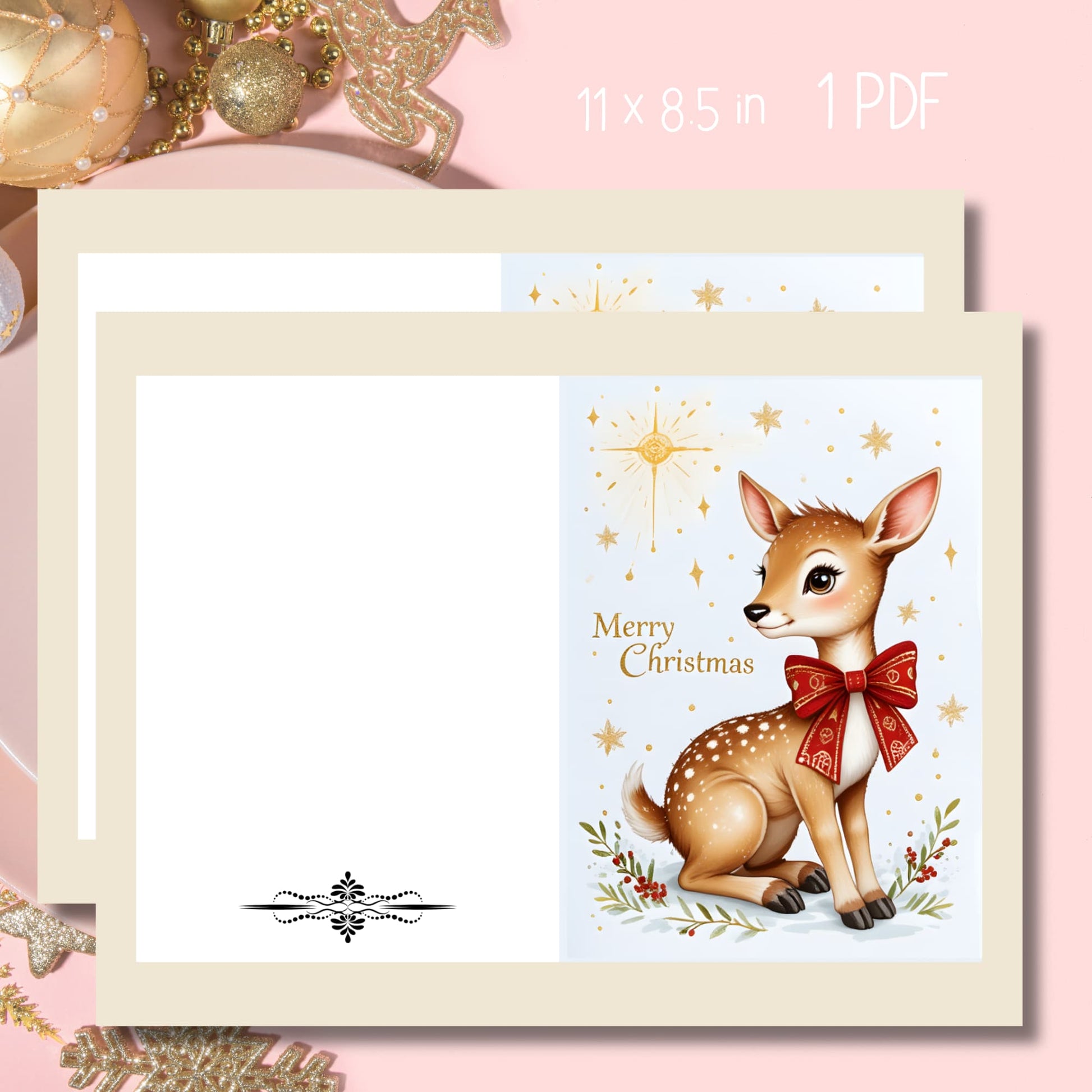 Free printable Christmas card with watercolor baby fox wearing red Nordic scarf reaching for gold star, elegant gold calligraphy 'Merry Christmas', shown on cream paper with gold ornaments