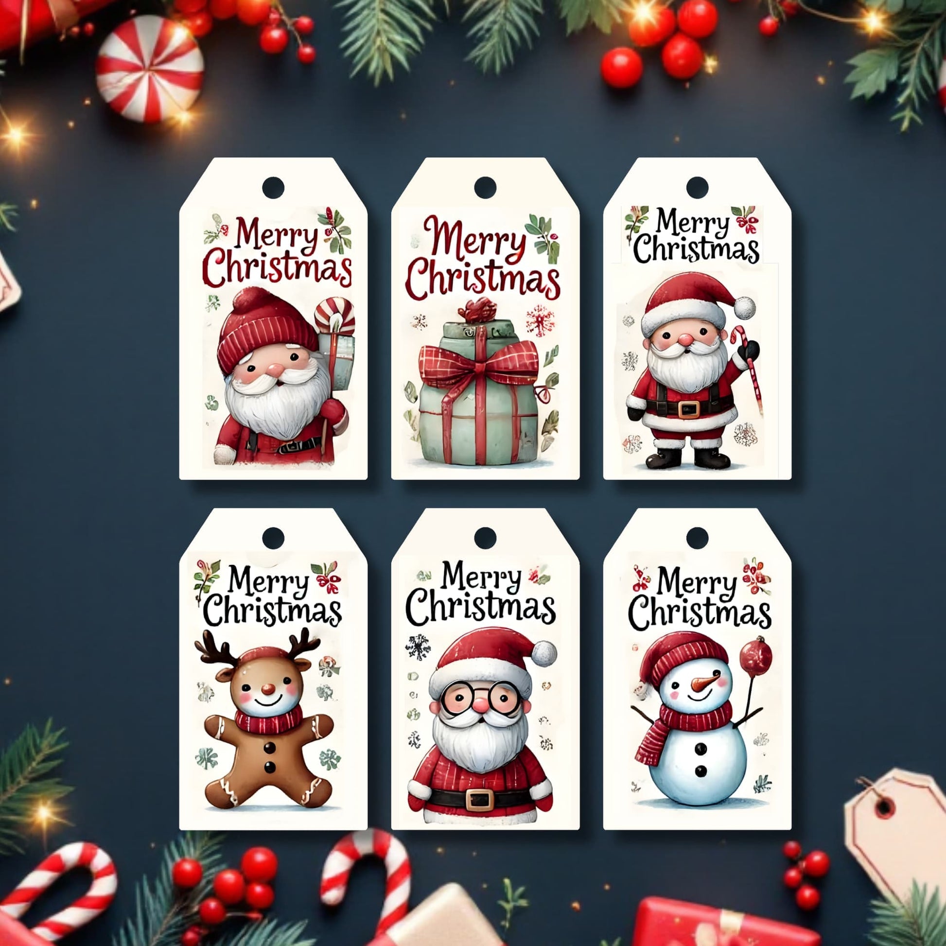 Complete set of six Christmas gift tags featuring Santa, present, gingerbread, and snowman designs on dark blue background with twinkling lights and candy canes