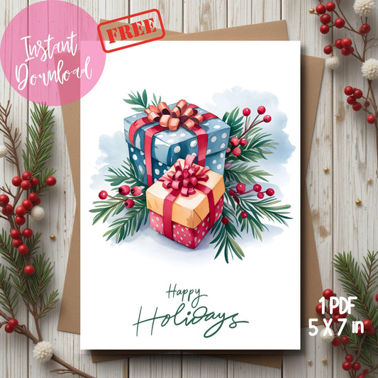 Watercolor holiday card with festive gift boxes and winter foliage, displayed with natural pine branches and red berries on white wood background, 5x7 inch instant download