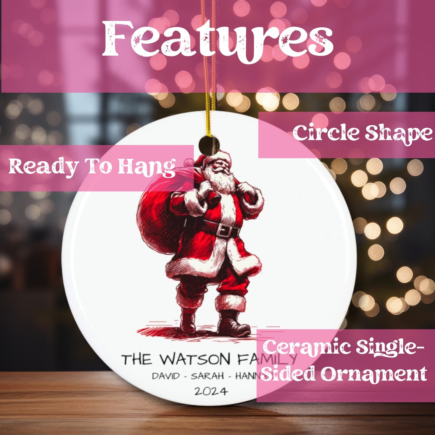 Product features showcase highlighting circle shape, ready-to-hang design and ceramic material of personalized Santa ornament