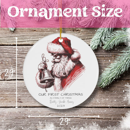 A helpful size guide for Custom Christmas Ornaments for a Family of Three, presented on a wooden table.