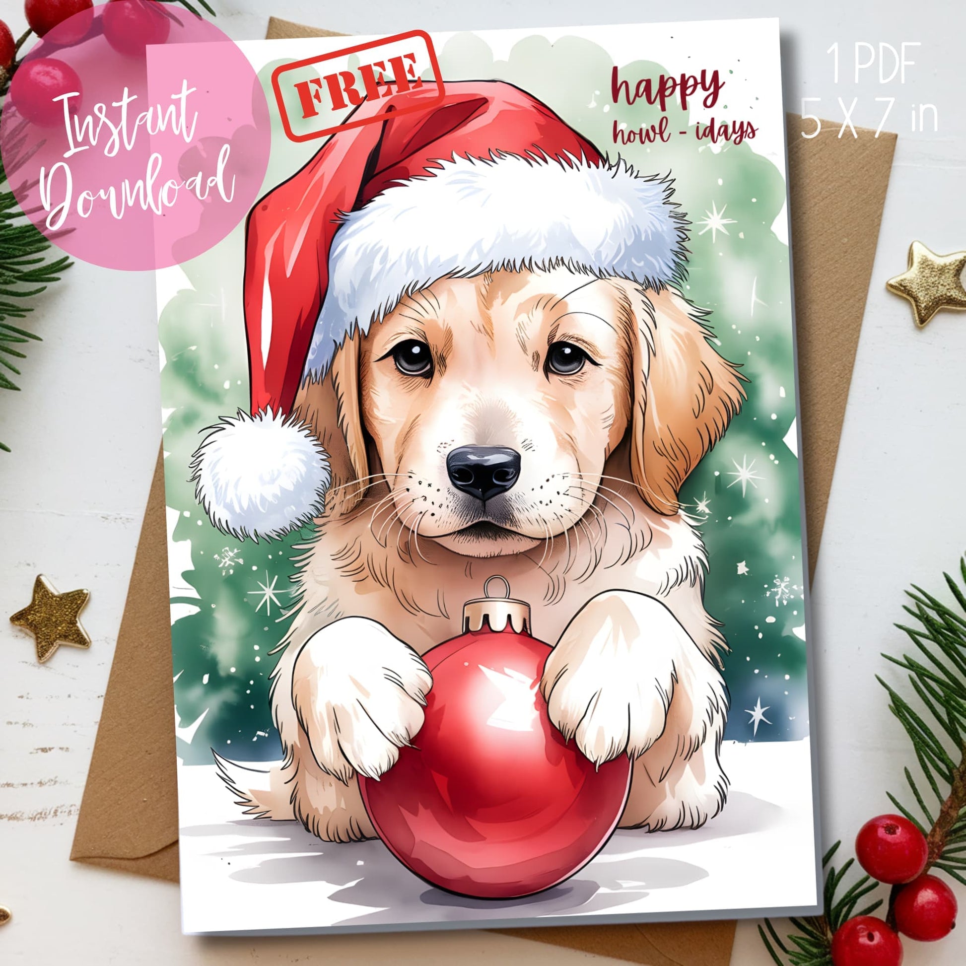 Cute holiday card with Golden Retriever puppy wearing Santa hat, holding red Christmas ball, watercolor winter background with snowflakes, displayed with kraft envelope and festive greenery