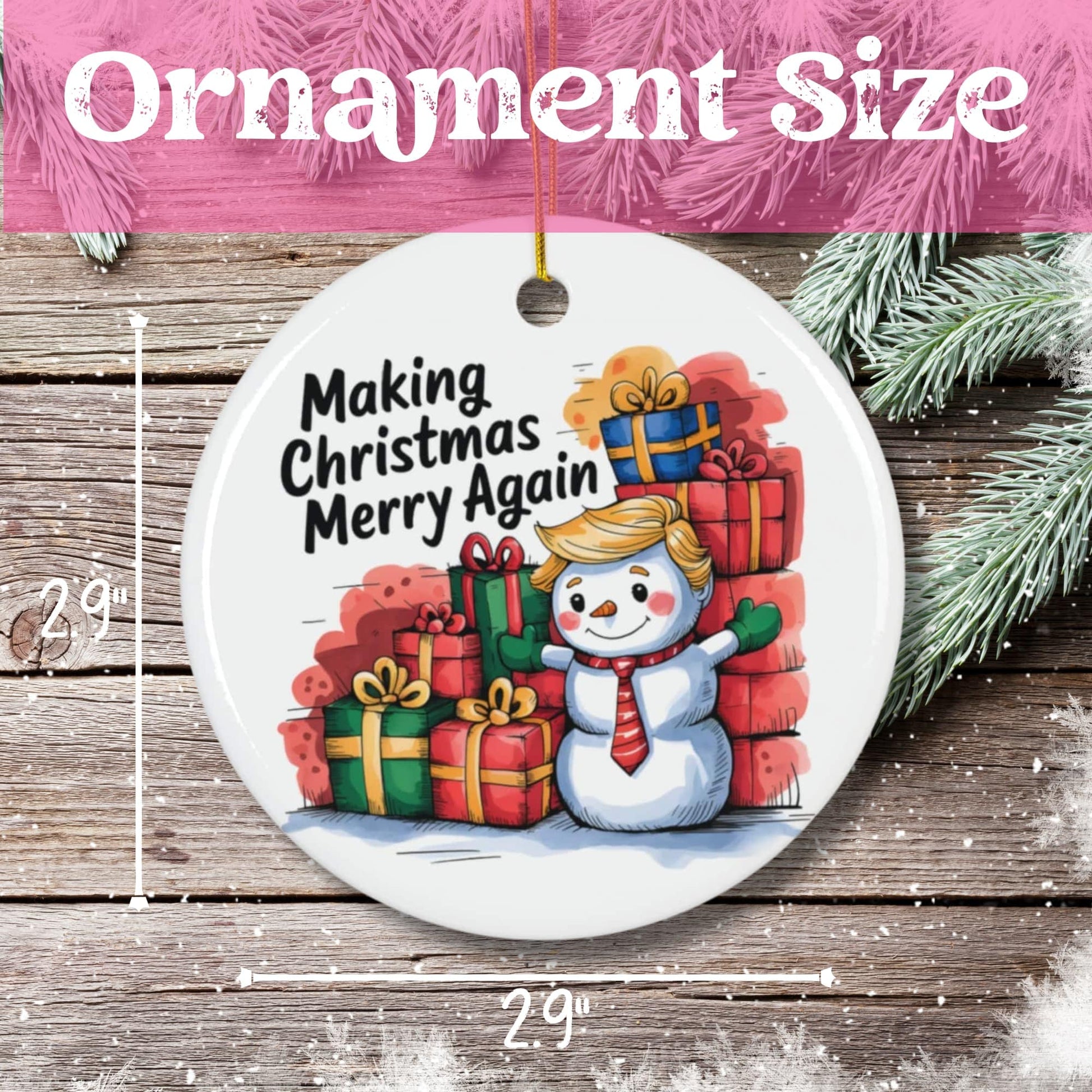 Size demonstration of 2.9-inch diameter ceramic holiday ornament with detailed snowman and presents artwork, measurement guide shown on wooden surface.