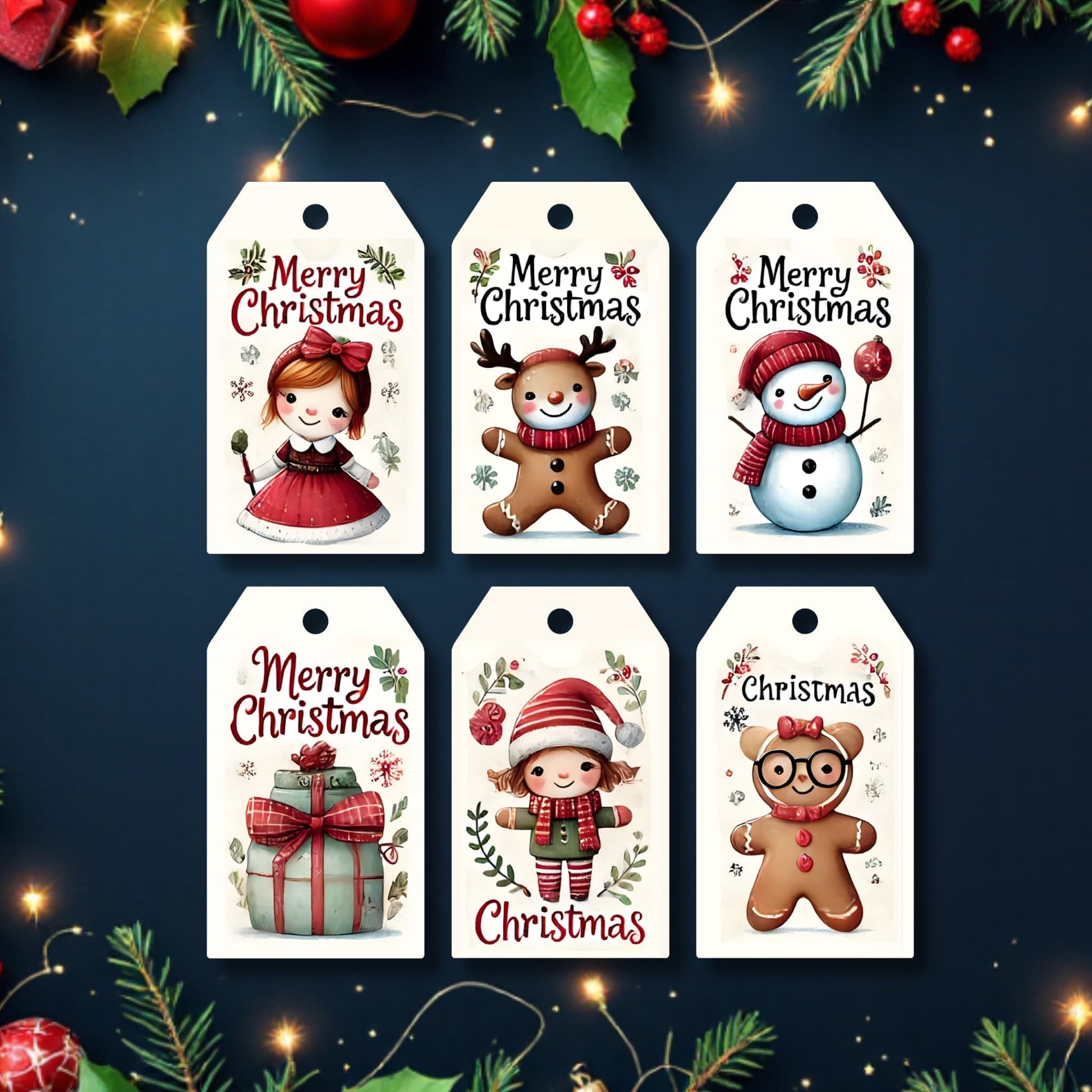 Six festive Christmas gift tags displayed on dark navy background with twinkling lights, holly berries, and pine branches, showing complete collection of holiday character designs