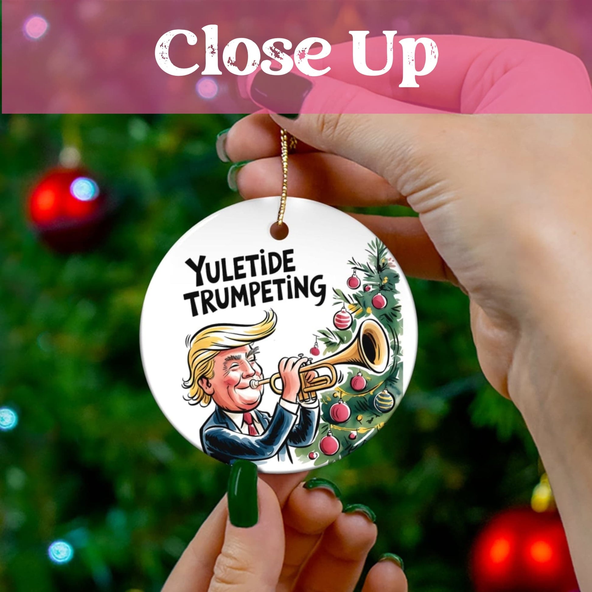 Close-up view of holiday ceramic ornament showing detailed artwork of suited figure playing trumpet next to decorated tree, against blurred Christmas lights.