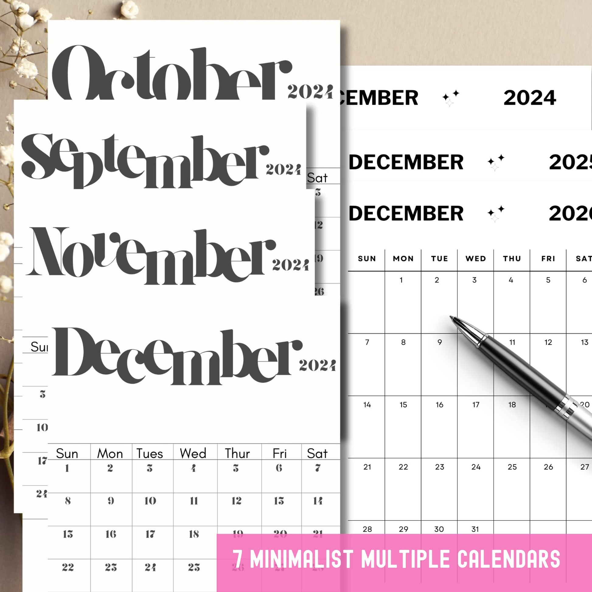 7 minimalist calendar designs for 2024 featuring elegant typography, clean layout, multiple month views September through December