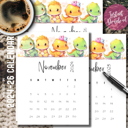 Layered November calendars with kawaii dinosaur characters and handwritten typography, displayed with coffee cup and instant download badge