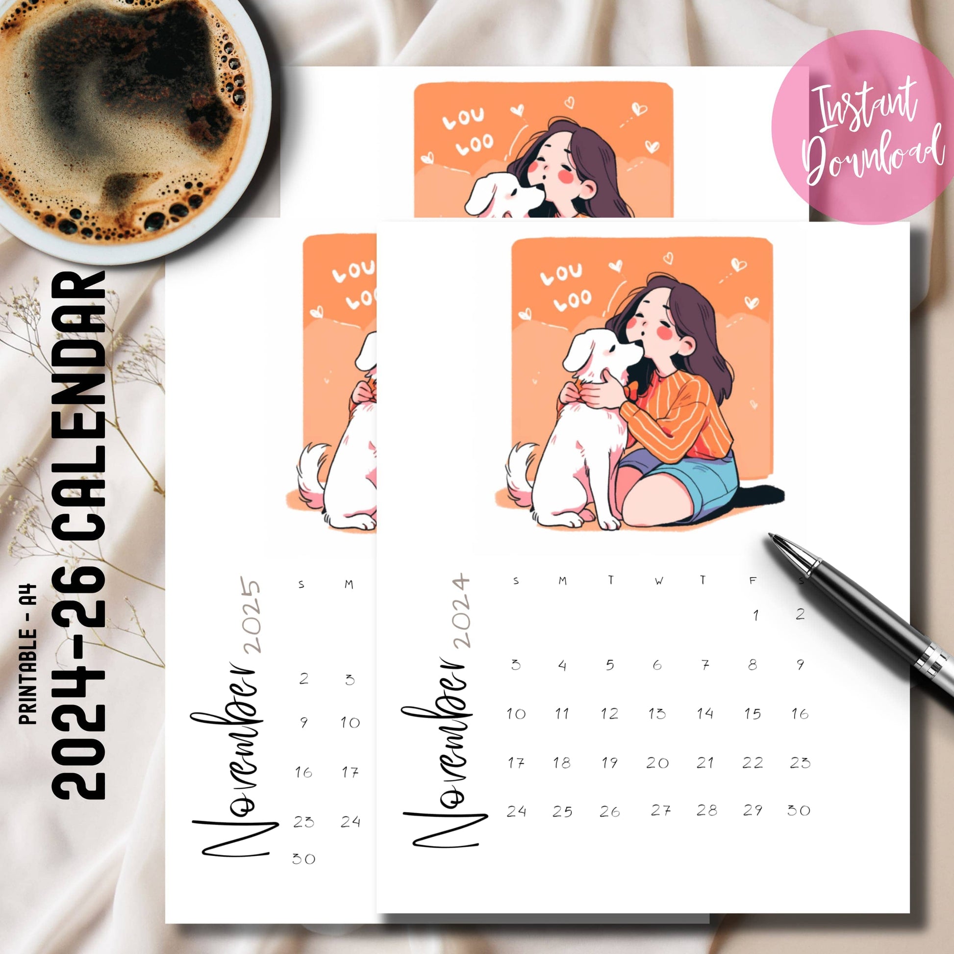 Instant download November calendar bundle 2024-2026 with cute dog and girl illustration, handwritten text, styled with coffee on cream background