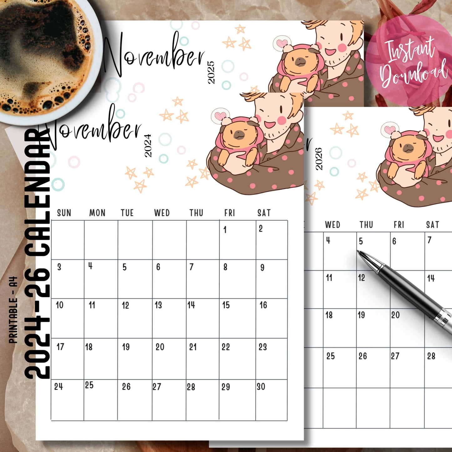 Pink and White Cute Anime Illustrated Modern Free November Monthly Calendar for 2024, 2025 & 2026 Printable - 11 x 8.5-inch A4, PDF | Sunday Start | Vertical Layout for School, Work, Journals