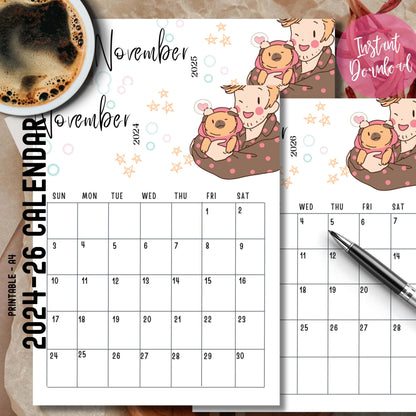 Pink and White Cute Anime Illustrated Modern Free November Monthly Calendar for 2024, 2025 & 2026 Printable - 11 x 8.5-inch A4, PDF | Sunday Start | Vertical Layout for School, Work, Journals