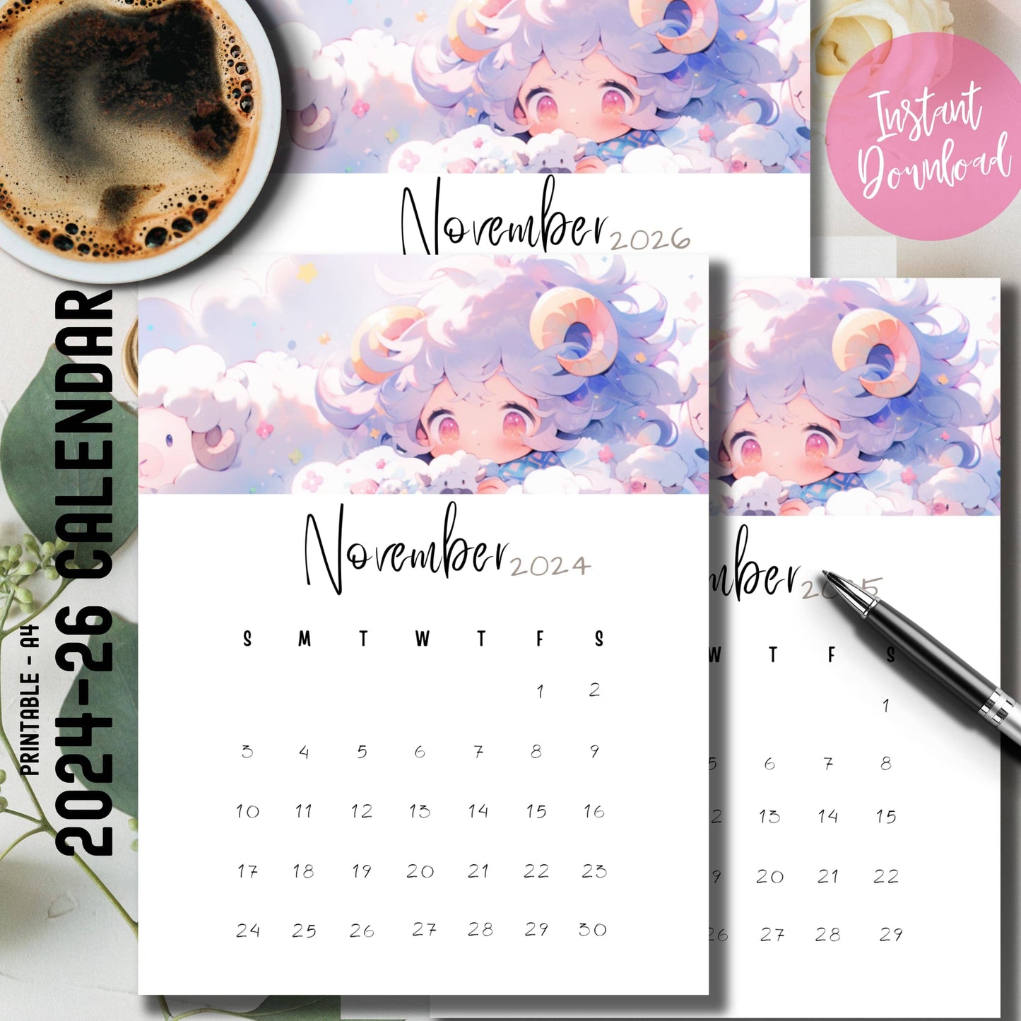 Instant download November calendar bundle 2024-2026 with kawaii purple-haired character, handwritten typography, styled with coffee and plant