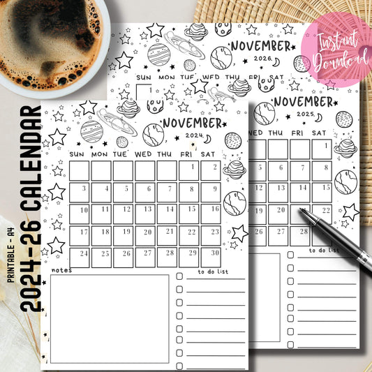 Instant download November calendar bundle 2024-2026 with astronomical illustrations, notes and to-do sections, styled with coffee cup