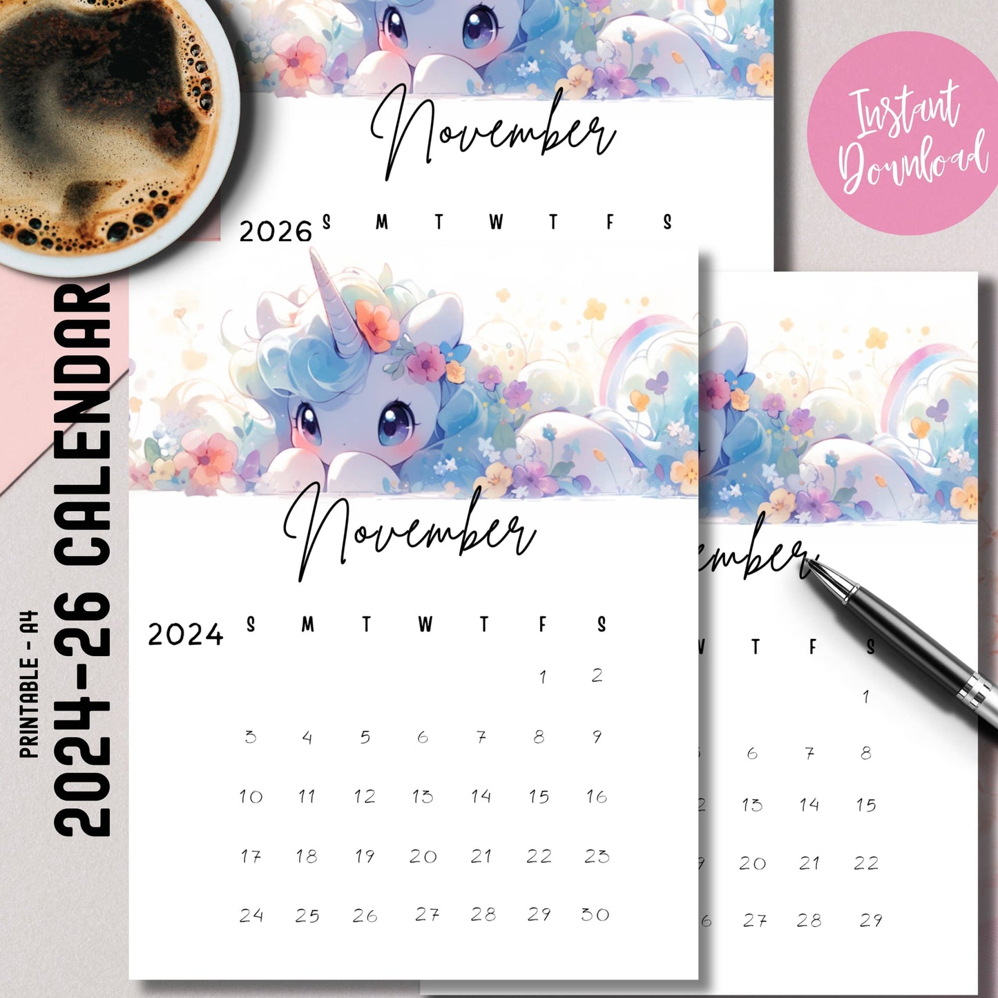 Instant download November calendar bundle 2024-2026 with pastel blue unicorn art, handwritten typography, styled with coffee on pink background