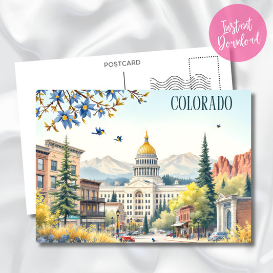 Digital Denver postcard with State Capitol building, Victorian streetscape, Rocky Mountains, and blue columbine flowers, featuring instant download badge on silk background with vintage travel styling