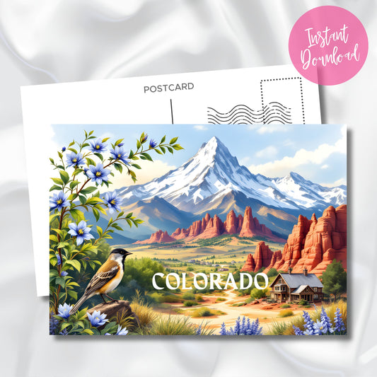 Digital Colorado postcard with snow-covered Rocky Mountains, red rock spires, alpine meadow with blue columbine flowers and lark bunting, shown with instant download badge on silk background