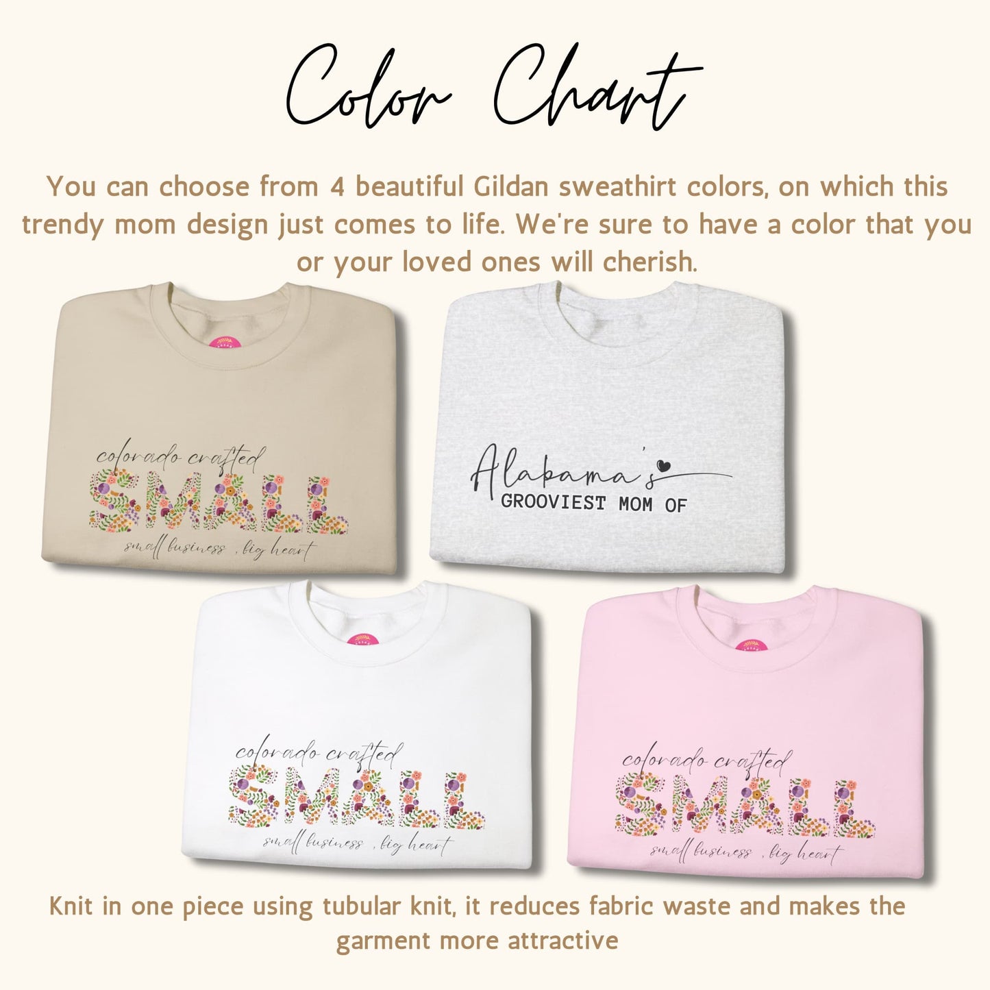 Color Chart for Custom Colorado Small Business Owner Crewneck Sweatshirt - Ash, Pink, Sand.