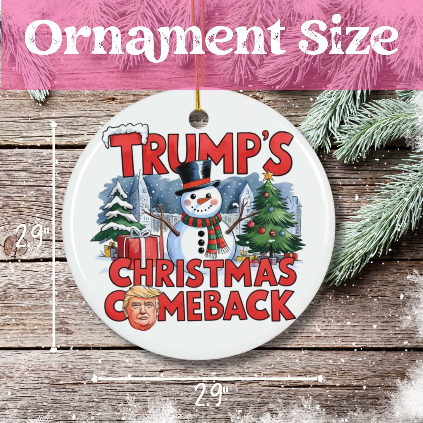 Product measurement showing 2.9-inch diameter ceramic ornament. Features holiday scene with jolly snowman, Christmas tree, and snowy landscape on white porcelain with pine accents.