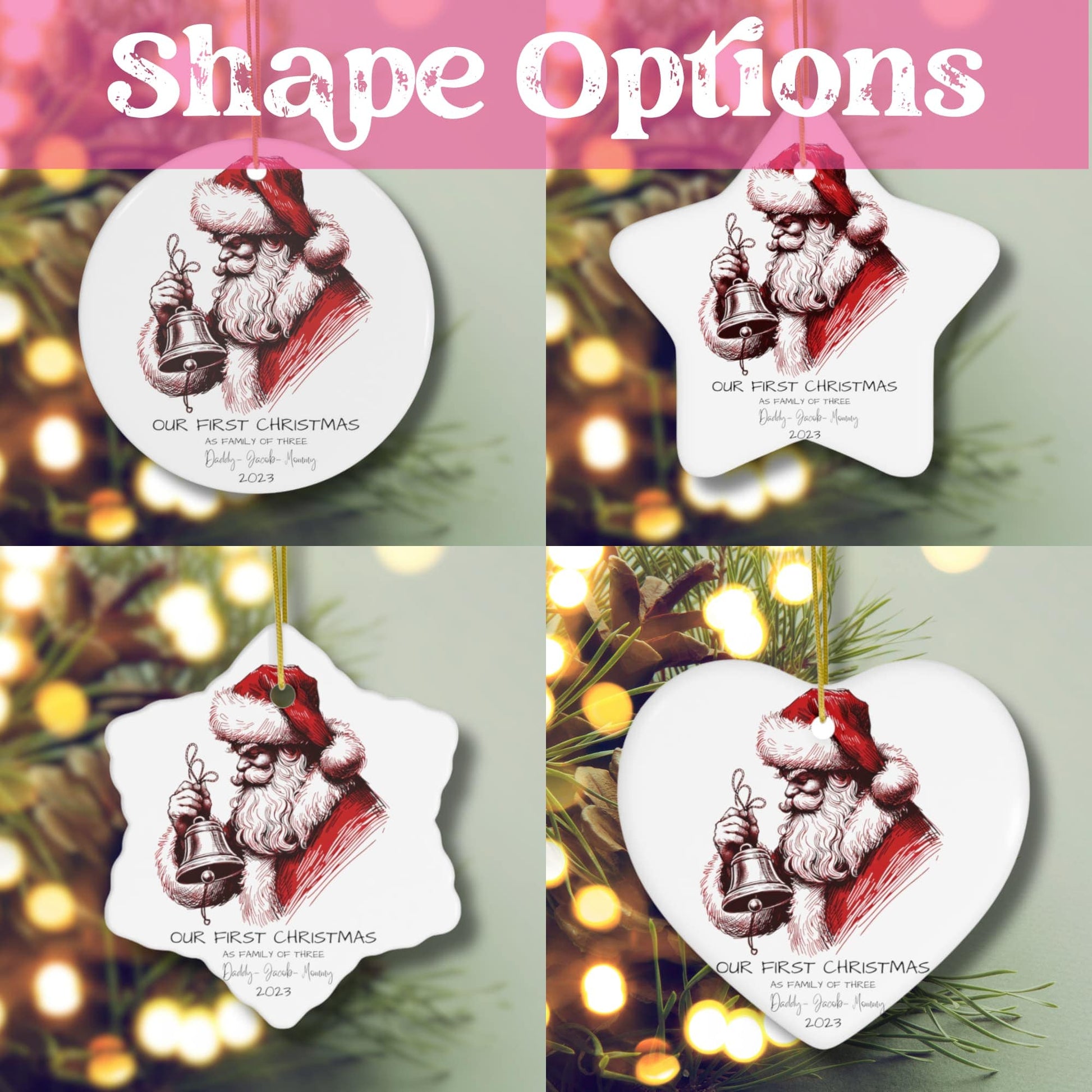 The complete set of Custom Christmas Ornaments for a Family of Three, showcasing all four sizes.