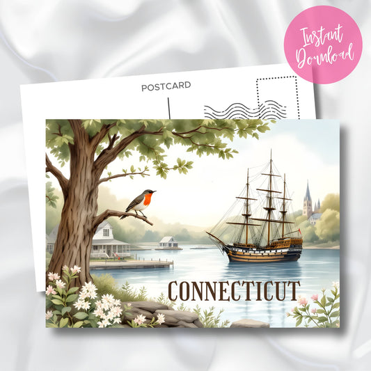 Digital download preview of Connecticut coastal scene postcard featuring three-masted sailing ship, American Robin, New England waterfront homes, and church spires with instant download badge