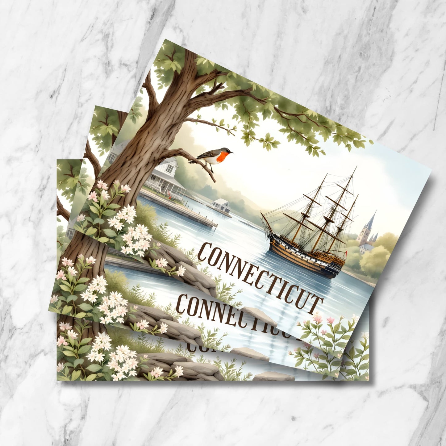 Vintage-style Connecticut coastal scene postcard designs showing stacked views of a sailing ship in harbor, American Robin on tree branch, white colonial houses, and mountain church spires with flowering dogwood