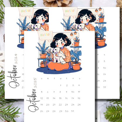 Three-year October calendar preview for 2024-2026 featuring a cute cartoon girl with a puppy surrounded by plants, displayed with pinecones and foliage, highlighting the vertical 11 x 8.5-inch A4 layout for students and teachers.