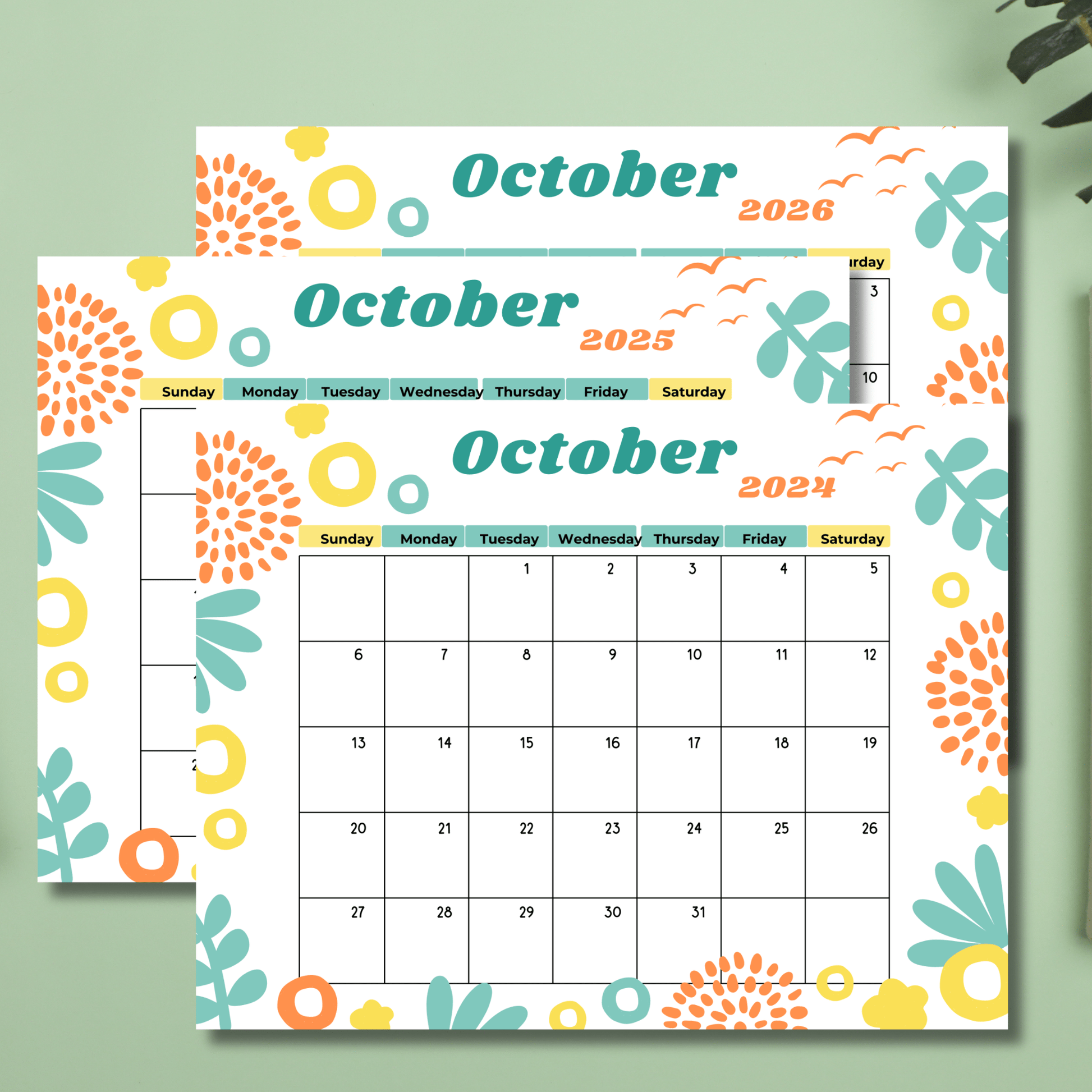 Three October calendars for 2024, 2025, and 2026 with cheerful floral designs, shown in a layered display.