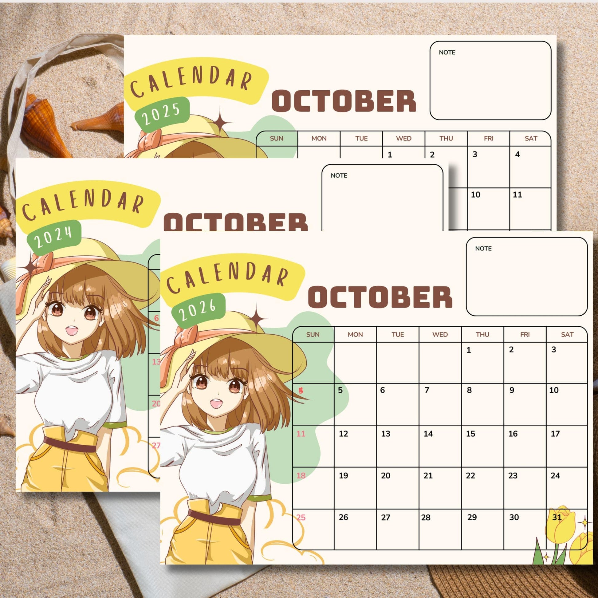 Overlapping October calendars for 2024-2026 with anime character in yellow hat. Calendars show month grids and note areas. Seashell and orange cone visible on beige background.